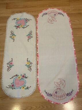 Embroidered Vintage-Style Table Runners - Floral & Pink Trim Qty 2